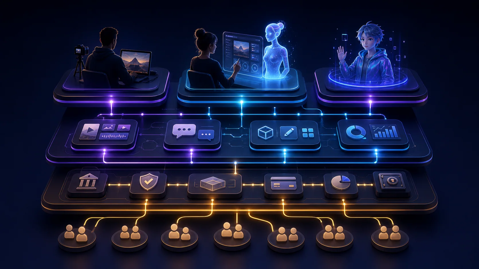 Layered illustration showing human and synthetic creators connected to the same tools, analytics and payment rails.
